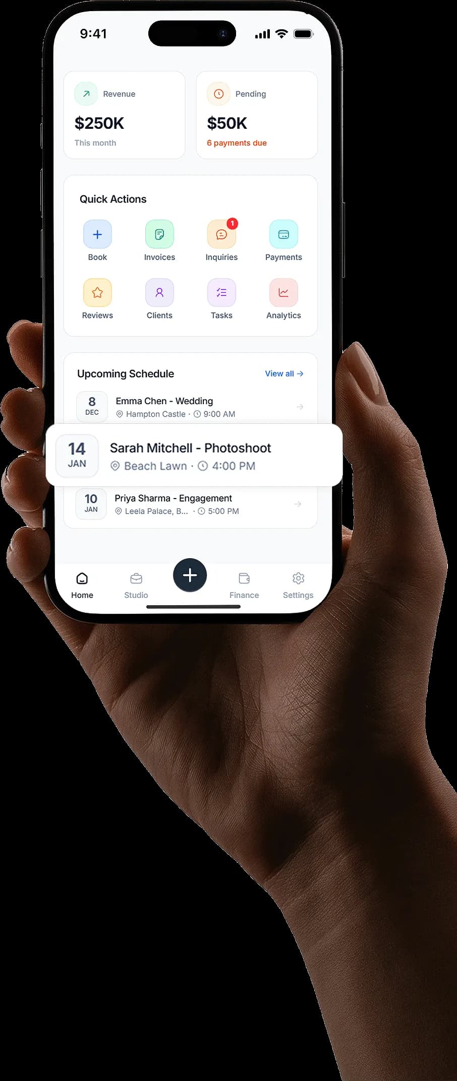 Brightdesk app running on a smartphone showing booking management dashboard